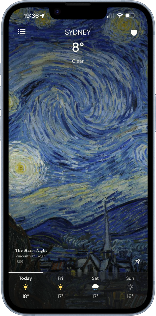 Every Cloud showing clear weather in Sydney over Vincent van Gogh’s The Starry Night